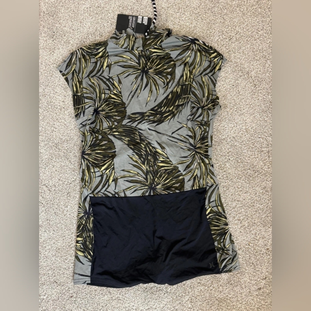 Hurley One-Piece Swim Dress in Olive Palm Print and Black